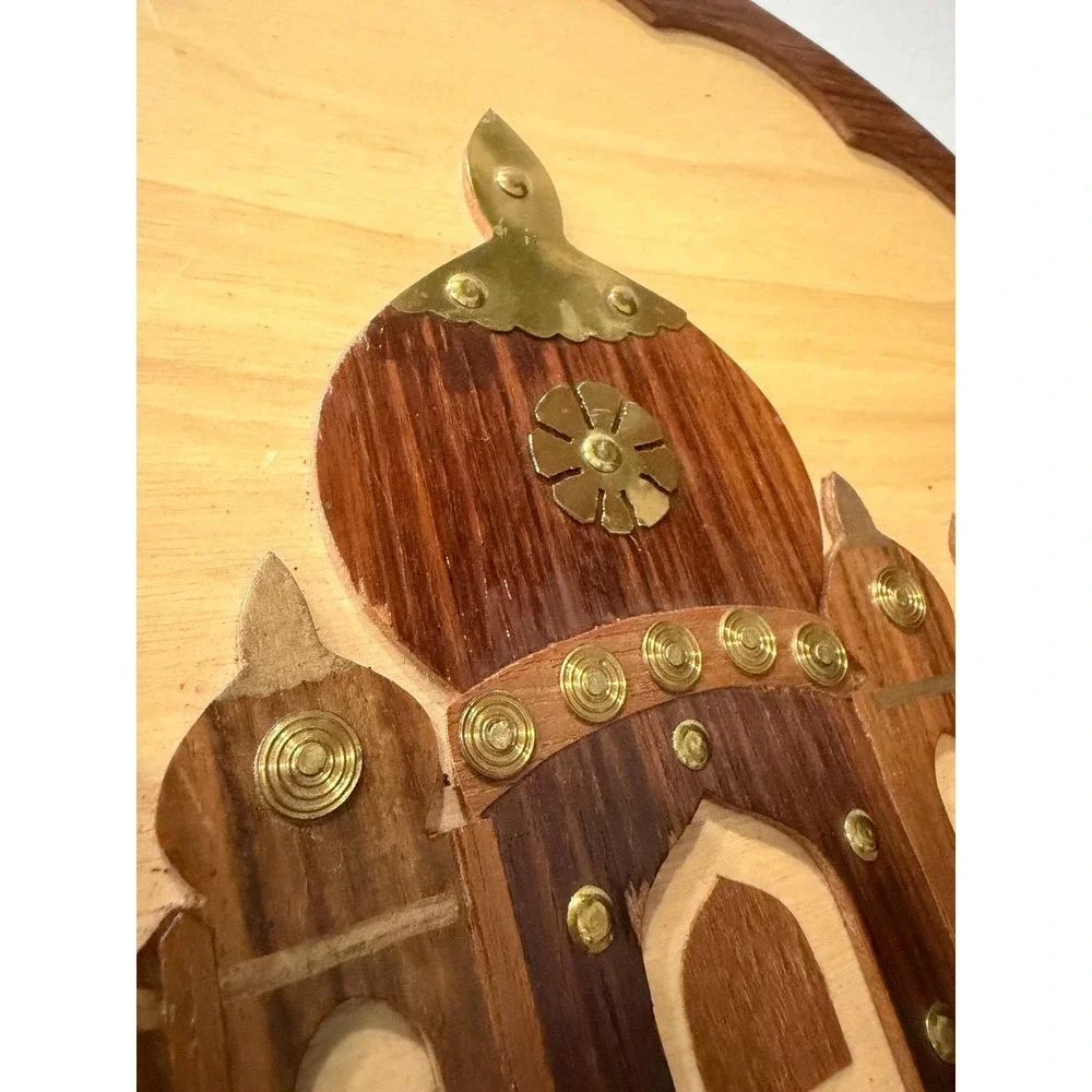 Vintage Indian Taj Mahal Wood Inlay Wall‎ Plaque Round Brass Studded Handmade